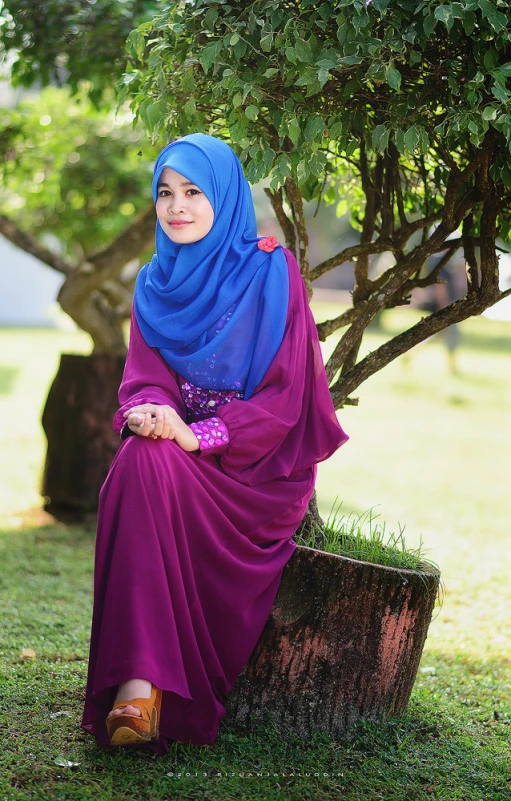 a person sitting on a stump under a tree wearing a purple dress