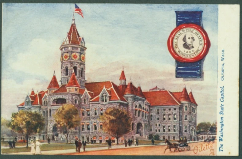 a postcard with people standing in front of the state capitol building