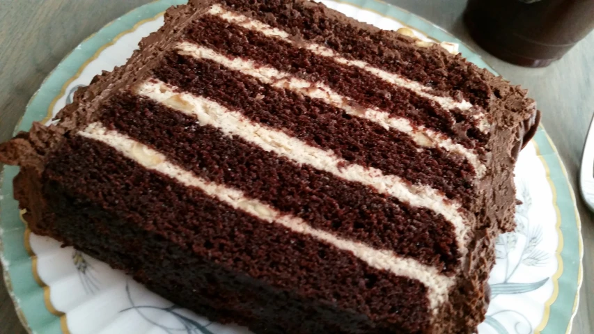 a piece of chocolate cake sitting on a plate