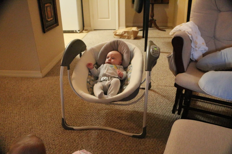 a baby laying in its cradle in the living room