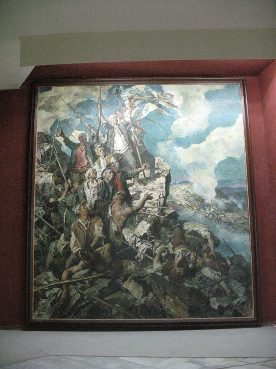 a painting hanging on a wall above a bed