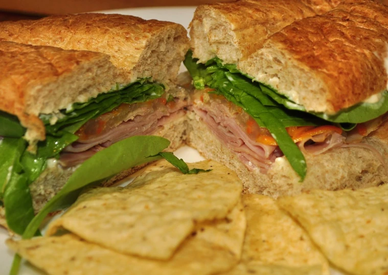 a sandwich on a plate with chips and guacamole