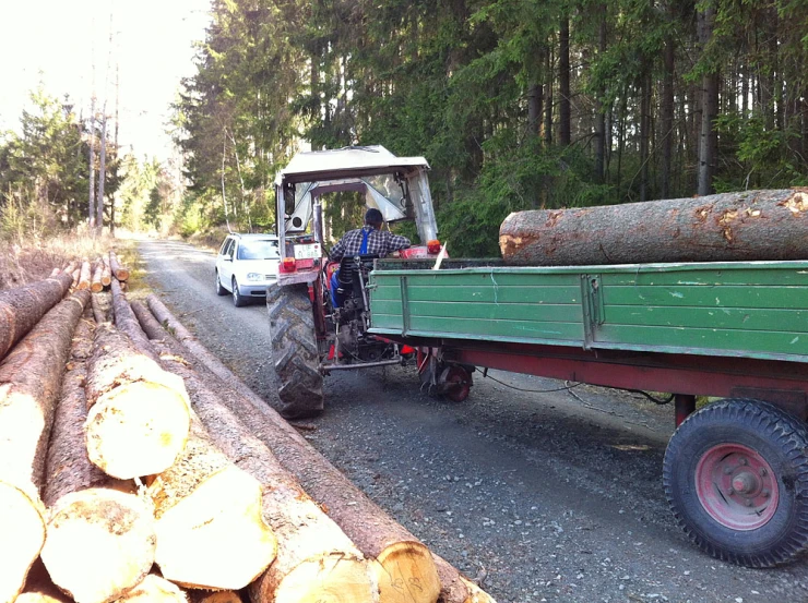 the person on the small truck is lifting logs