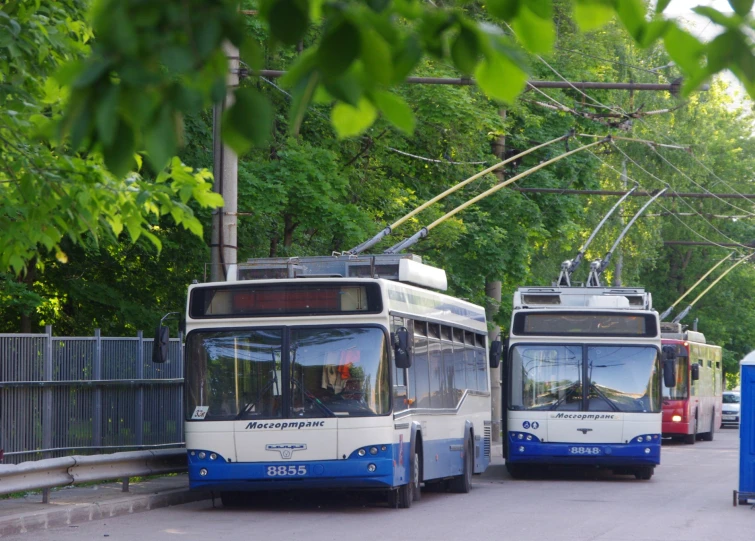 two buses are parked in front of each other on the street