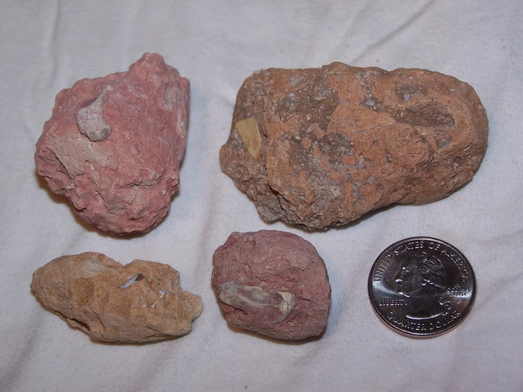 four rocks are on the table next to a 1 / 2 penny