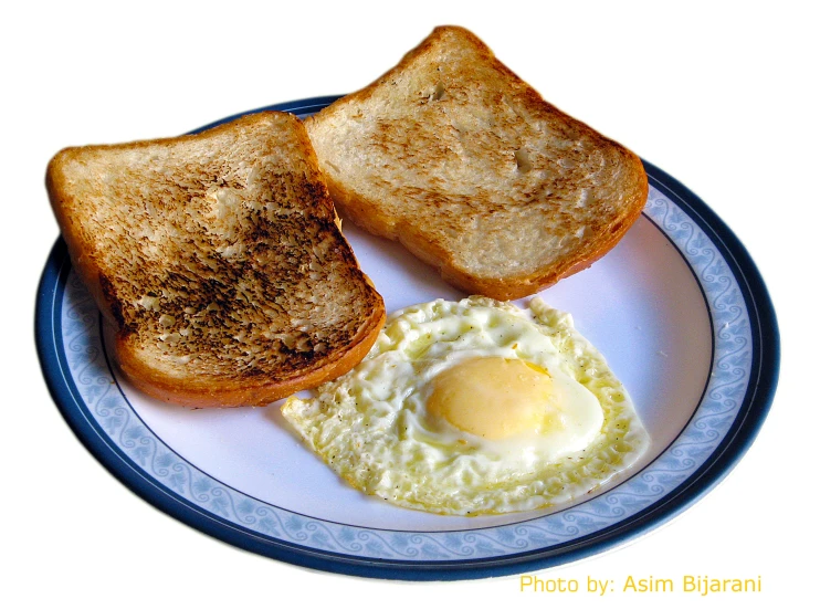 a close up of a plate of food with bread and an egg