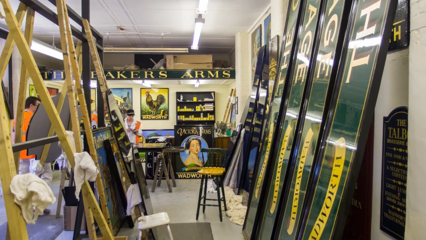 a variety of skiers are displayed inside the shop