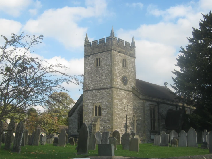 an old church with stone architecture next to grass