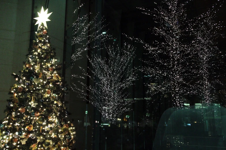 the christmas tree is decorated with many lit up lights