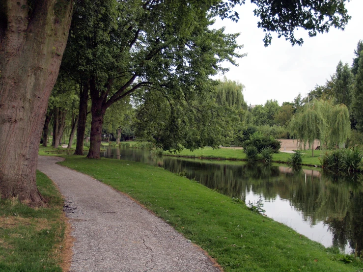 a pathway with benches next to the water