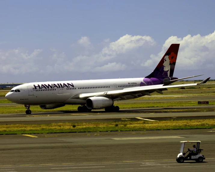 a hawaiiana airplane is sitting in an airport