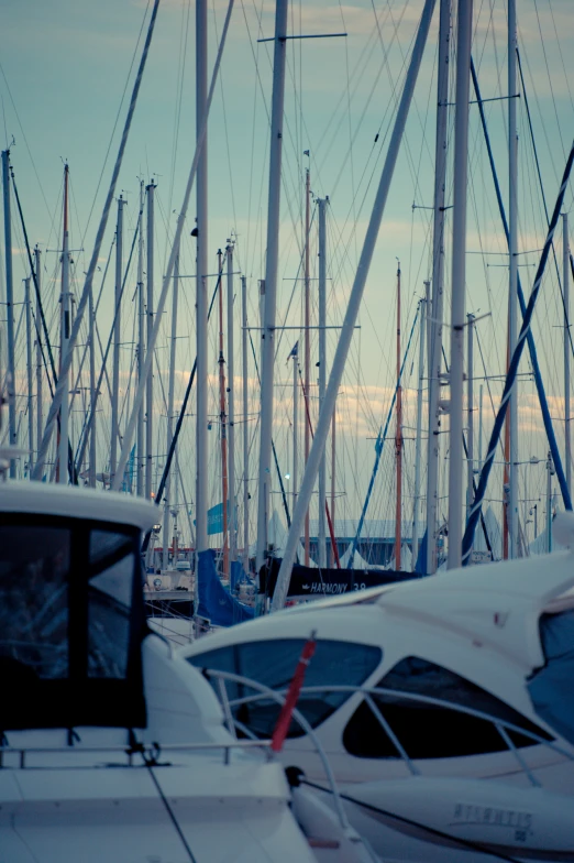 a marina filled with lots of sailboats during the evening