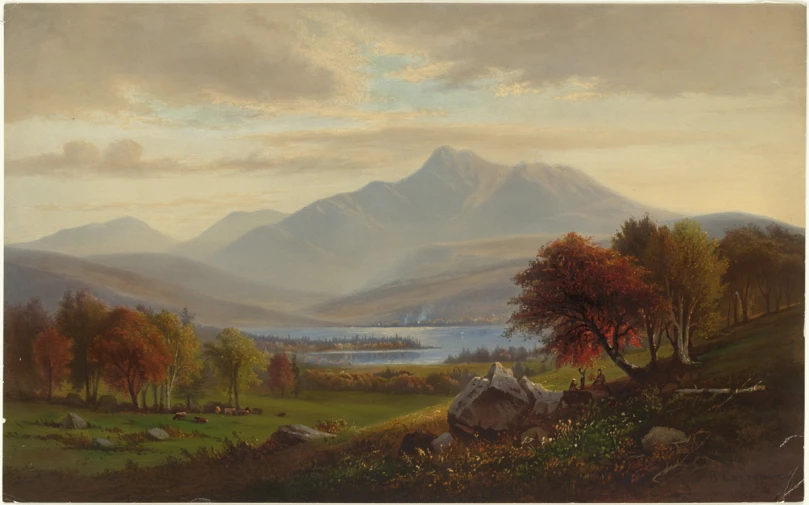 a painting of mountains in the distance and a lake in front