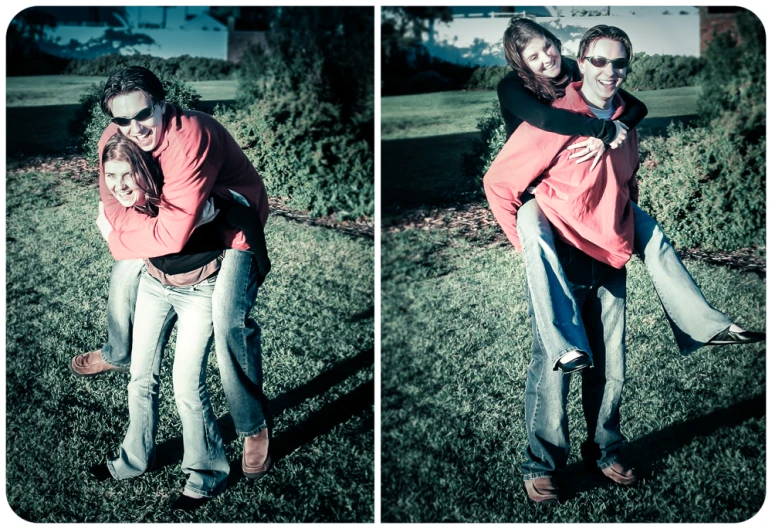 a man carries two women in his arms and smiles