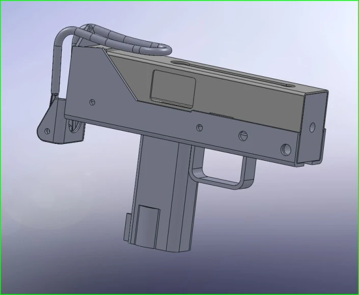 the view of a 3d gun in grey and green