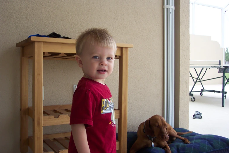 a  and his dog next to a bunk bed