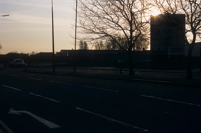 the sun rises over a tree and street lined with tall buildings