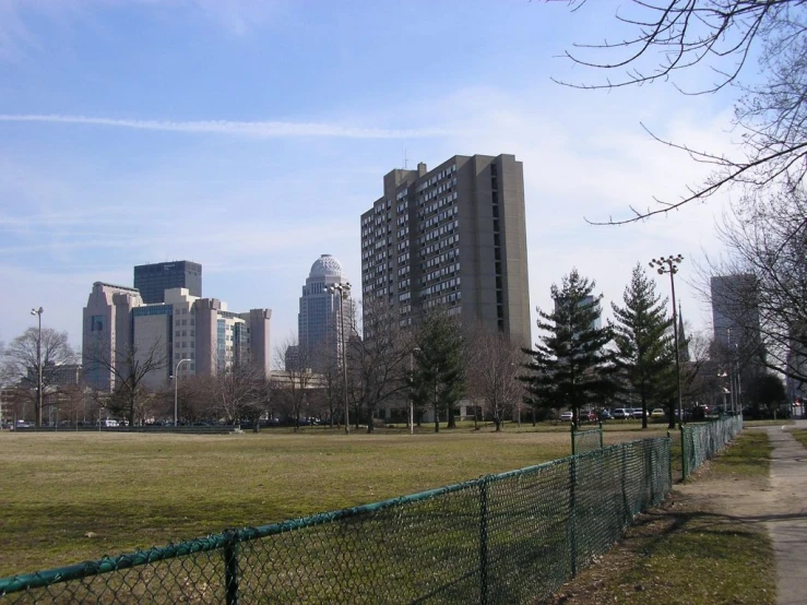 there is a city skyline with large buildings behind it