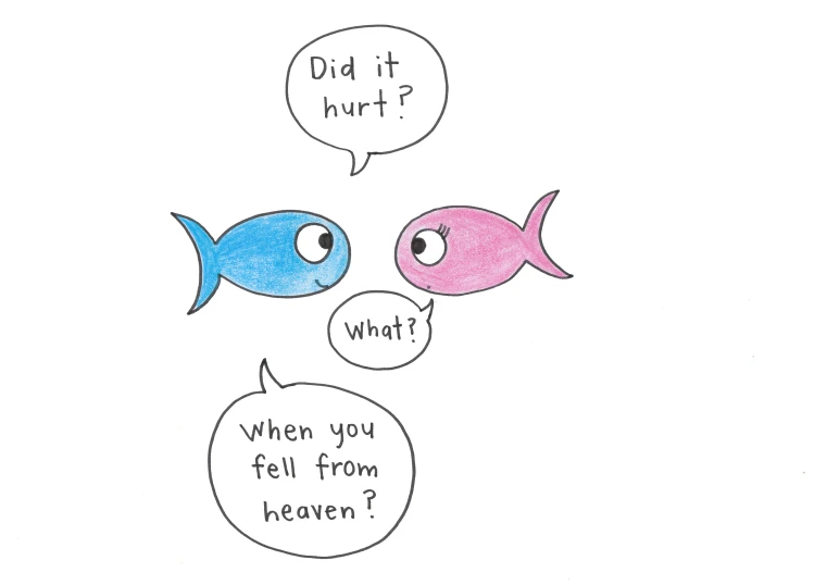 two fish with one being a conversation bubble