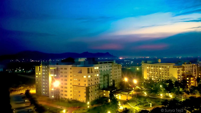 a skyline view of several different colored buildings