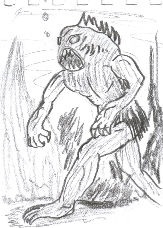 drawing of a creature with a man crouched on the ground