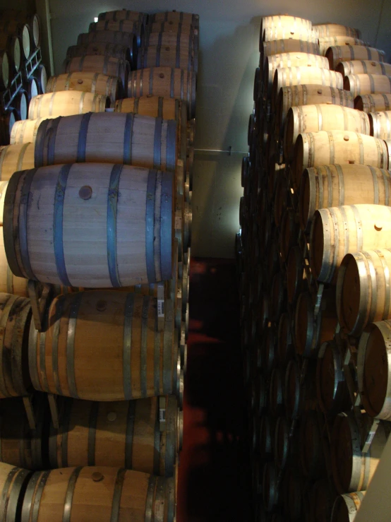 barrels in a row and some with aging wine casks in the background