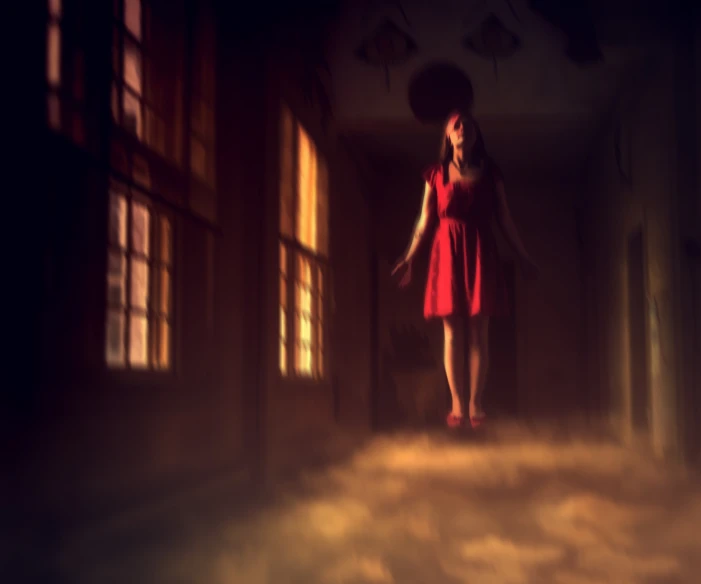 a girl is standing in a dark room