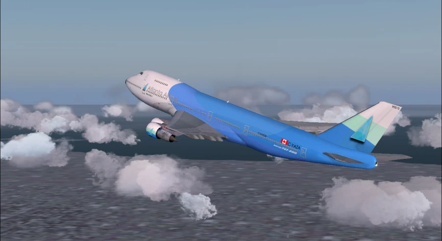 a blue plane flying in the sky with white clouds