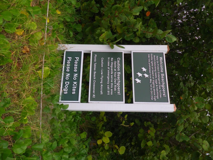 some signs are posted outside on a grassy area