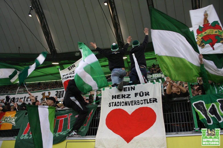 fans in the stands waving flags and cheering