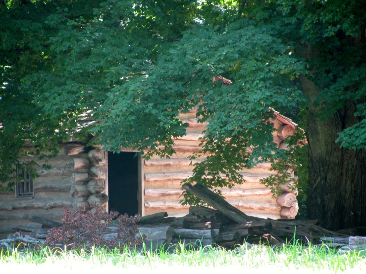 a log cabin with its door open and green trees surrounding it