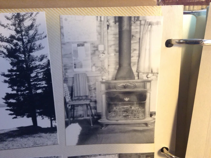 the stove is inside of a book with multiple pictures around it