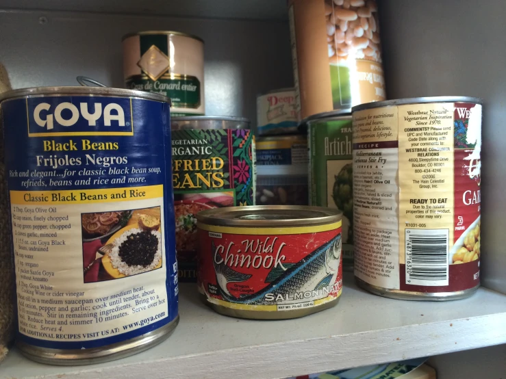 four can't - read pantry foods lined up on a shelf