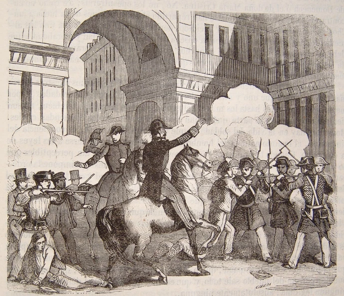 a drawing of an person being taken from the back ground by others