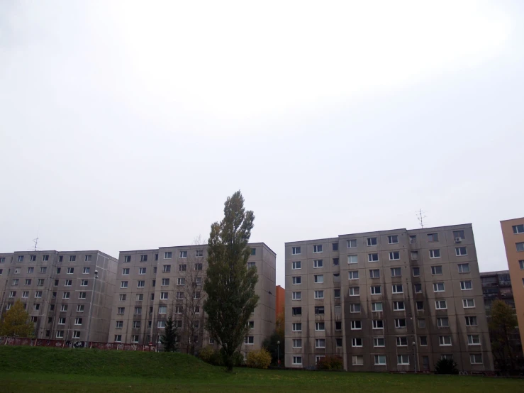 two large buildings are behind an green park