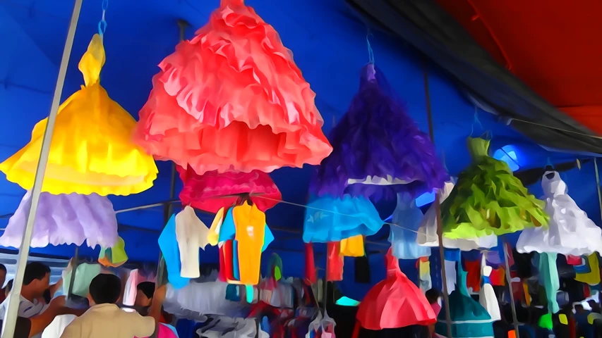 a group of people standing around with colorful umbrellas hanging from the ceiling