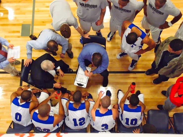 a basketball game showing a coach talking to his team