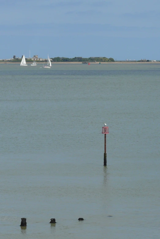 a sign is standing in the middle of a big body of water