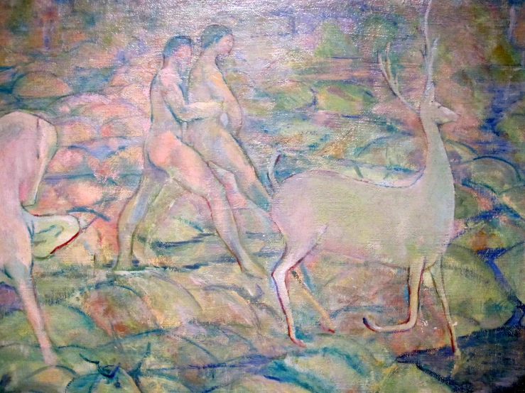 an abstract painting with two  women and a flamingo