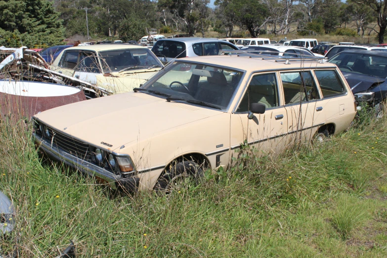 an old station wagon and other cars parked in a field