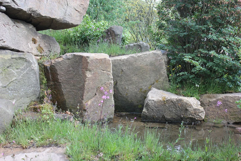 a stone with small flowers sitting between two large rocks