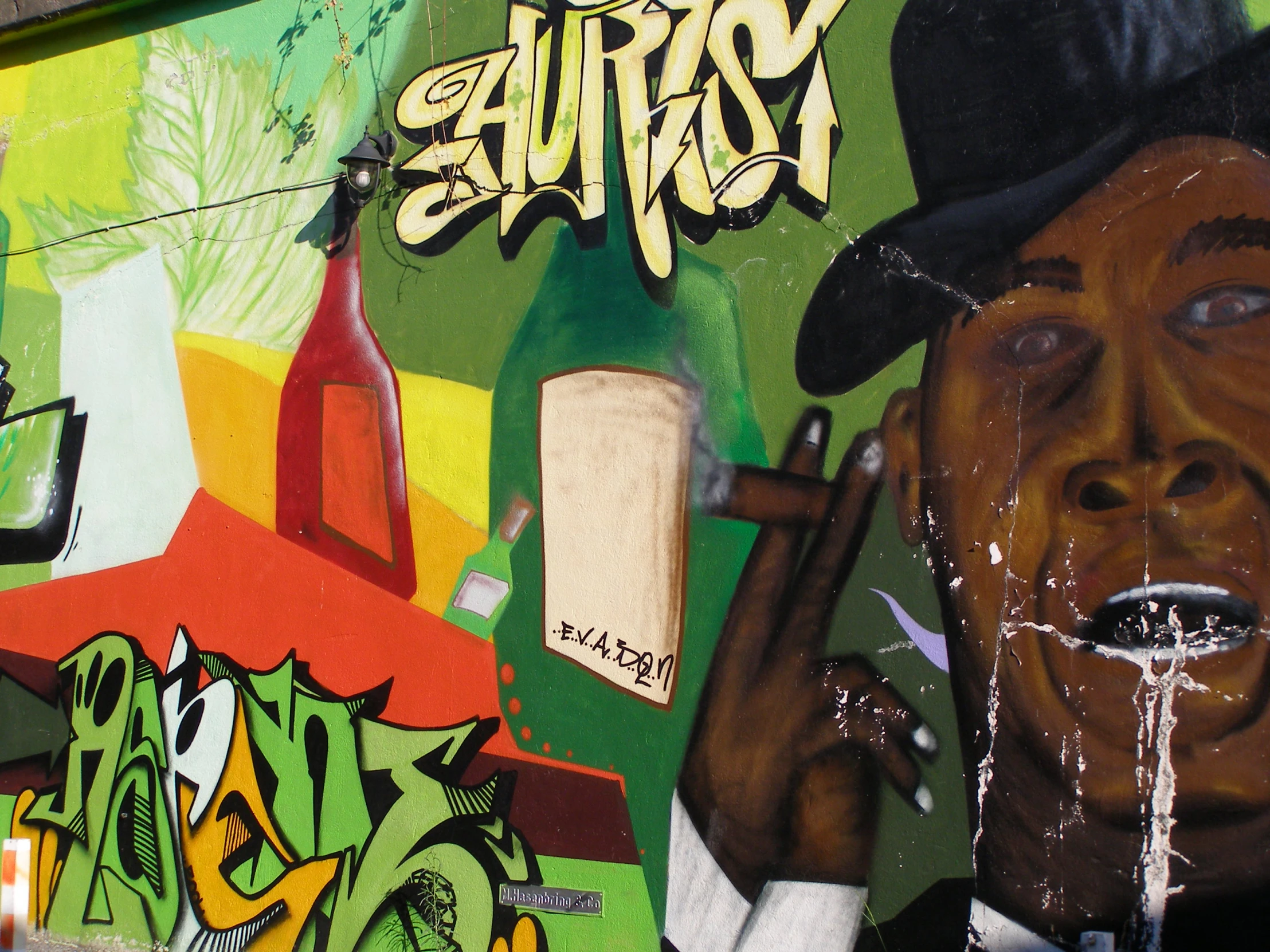 a painting of a man with a pipe, wearing a hat and smoking a cigarette