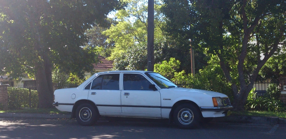 a white car is parked by the curb near some trees