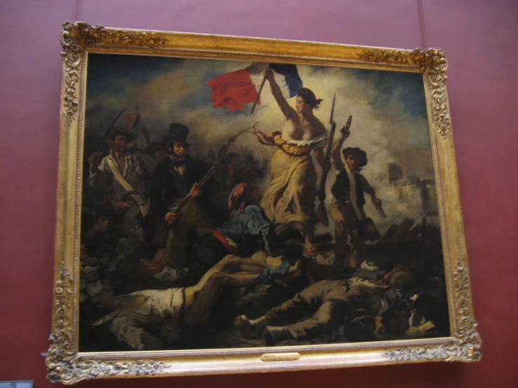 an oil painting shows a lady with her arms extended and others holding up flags