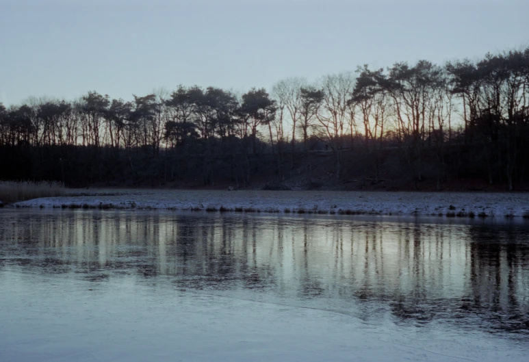 the sun setting at a lake with trees in background