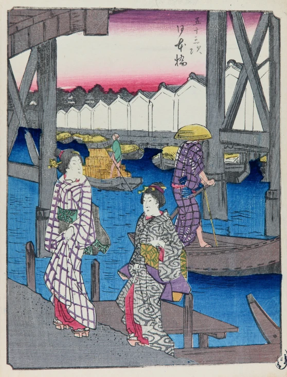 an old japanese wood cutout of four women sitting on a bridge