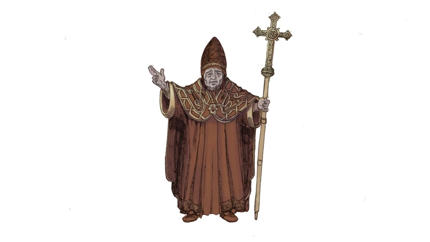 a drawing of a man in a priest's robe and holding a cross