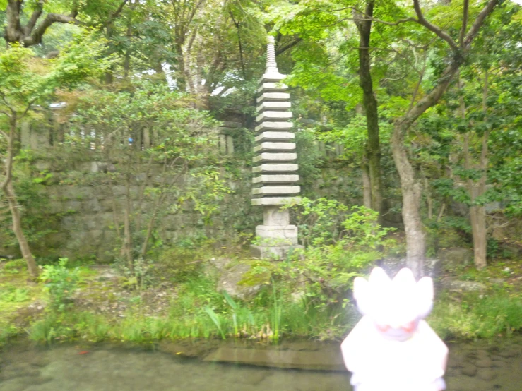 a white tower sitting above trees and water