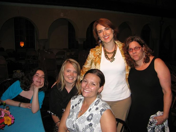 a group of women standing together on a patio