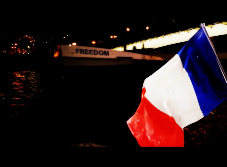 a flag floating next to the ocean near a bridge